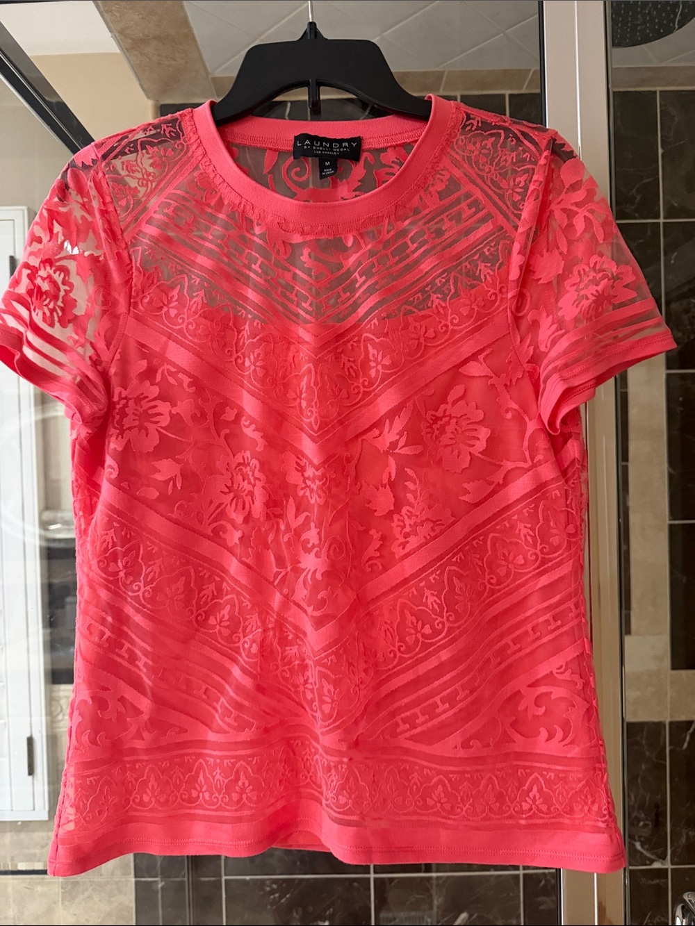 Laundry By Shelli Segal Neon Coral Lace-Overlay Short Sleeve Tee